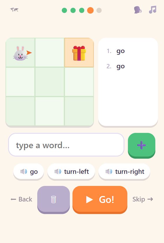 Экран задания: игровое поле с подарком, список набранных команд и кнопка «Go!».